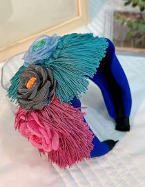 Fashion Blue Fabric Flower Tassel Wide Brim Headband