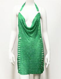 Fashion Style Five Green V-neck Rhinestone Slip Dress