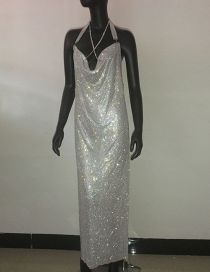 Fashion Silver Metallic Sequin Halterneck Strap Dress