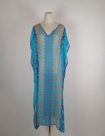 Fashion Blue Powder Chiffon Printed Sun Cover Dress
