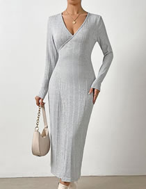 Fashion Grey Polyester Knitted V-neck Dress