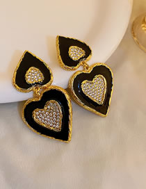 Fashion 5# Black Heart Alloy Diamond Heart Earrings