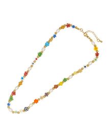 Fashion Color Geometric Glass Flower Pearl Beaded Necklace