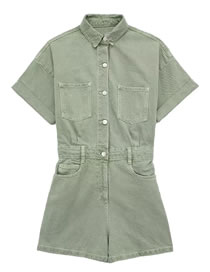Fashion Green Denim Lapel Button-up Jumpsuit Shorts