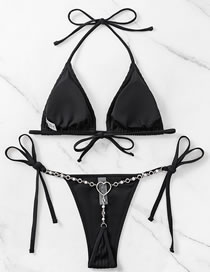 Fashion Black Solid Color Lace-up Chain Two-piece Swimsuit