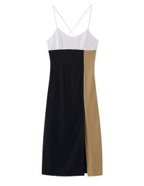 Fashion Color Matching Polyester Color Block Slit Suspender Dress