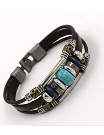 Fashion Brown Geometric Turquoise Beaded Leather Bracelet