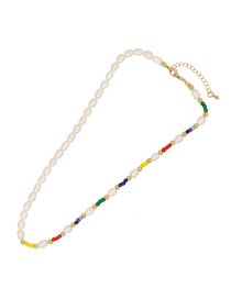 Fashion Gold Multicolored Rice Bead Panel Pearl Beaded Necklace