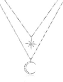 Fashion Platinum Silver Diamond Star Moon Double Layer Necklace