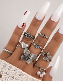 Fashion Silver Alloy Flower Butterfly Heart Pentagram Bee Ring Set