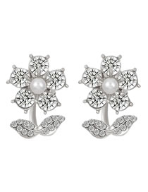 Fashion Silver Alloy Diamond Stud Pearl Flower Stud Earrings