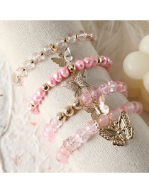 Fashion Pink Glass Bead Beaded Butterfly Bracelet Set
