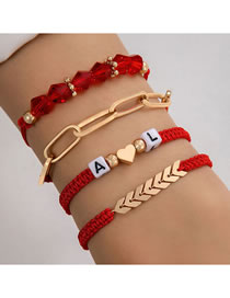 Fashion Red Alloy Crystal Beaded Square Alphabet Beads Heart Cord Braided Bracelet Set