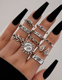 Fashion Silver Alloy Geometric Sun Branch Feather Ring Set