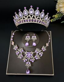 Fashion Gold Purple Crown + Leaves Necklace Earrings Alloy Diamond Geometric Earrings Necklace Crown Set
