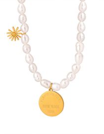 Fashion Gold Titanium Steel Pearl Beaded Medal Necklace