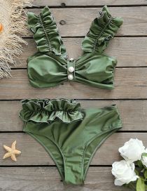 Fashion Green Polyester Ruffle Ruched One-piece Swimsuit