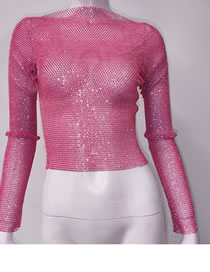 Fashion Rose Red Polyester Fishnet Long Sleeve Top