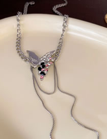 Fashion Necklace - Silver Alloy Diamond Butterfly Tassel Necklace