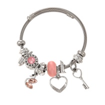Fashion Pink Alloy Diamond Heart Swan Pendant Beaded Bracelet