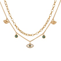 Fashion Gold Double Layer Titanium Steel Set With Zirconium Eyes And Turquoise Pendant Necklace