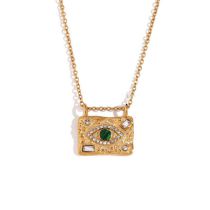 Fashion Malachite Eyes Zircon Rhinestone Square Pendant Necklace - Gold Stainless Steel Diamond Eye Square Necklace