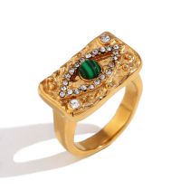 Fashion Malachite Eyes Zircon Rhinestone Square Ring - Gold - Size 6 Stainless Steel Diamond Eye Ring