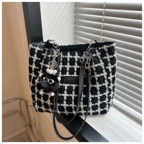 Fashion Black + Pendant Polyester Plaid Large Capacity Shoulder Bag