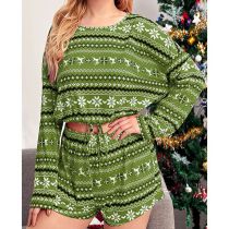Fashion Green Polyester Printed Long-sleeved Lace-up Sweatshirt Shorts Set