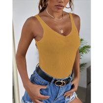 Fashion Yellow Solid Color Knitted V-neck Sleeveless Vest