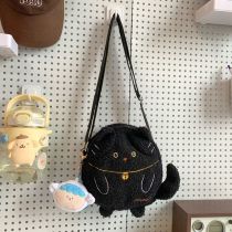 Fashion Black Belt Pendant Plush Cat Crossbody Bag For Children