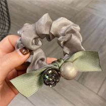 Fashion Green Fabric Pearl Diamond Ball Bow Pleated Hair Rope
