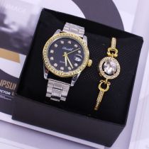 Fashion Black Face Womens Watch+bracelet+box Stainless Steel Round Dial Mens Watch + Round Diamond Bracelet