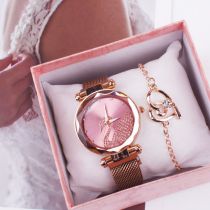 Fashion Pink Watch+bracelet+box Stainless Steel Diamond Round Dial Watch + Love Bracelet