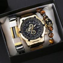 Fashion Gold Watch + Bracelet 2 + Gift Box Stainless Steel Round Dial Mens Watch + Bracelet Bracelet Set
