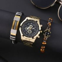 Fashion Gold Watch + 2 Bracelets Stainless Steel Round Dial Mens Watch + Bracelet Bracelet Set