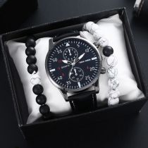 Fashion Black Belt Watch + Black And White Double Beads + Box Stainless Steel Round Dial Mens Watch + Beaded Bracelet Set