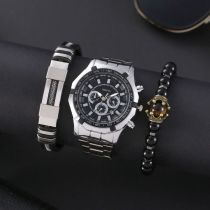 Fashion Silver Watch + 2 Bracelets Stainless Steel Round Dial Mens Watch + Bracelet Set
