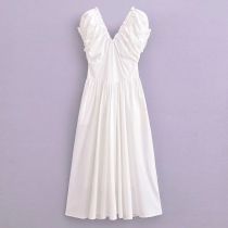 Fashion White Cotton Pleated V-neck Knee-length Dress