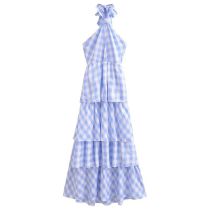 Fashion Blue Cotton Halterneck Check Tiered Maxi Skirt
