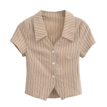 Fashion Coffee Color Cotton Lapel Buttoned Striped Short Sleeves