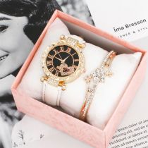 Fashion White Watch+bracelet+gift Box Stainless Steel Round Dial Watch + Diamond Flower Bracelet Set