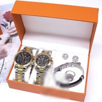 Fashion Mens Watch + Womens Watch + Black Bracelet + Earrings + Ring + Box Stainless Steel Round Dial Watch + Bracelet Earrings Ring Set