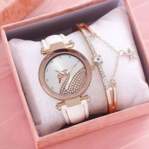 Fashion White Watch + Xinglian Bracelet + Powder Box Stainless Steel Diamond Round Dial Watch + Bracelet Set
