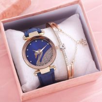 Fashion Blue Watch + Star Love Bracelet + Powder Box Stainless Steel Diamond Round Dial Watch + Bracelet Set