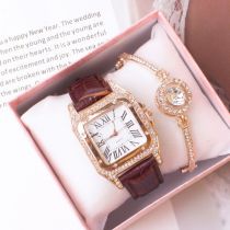 Fashion Brown Watch+bracelet+box Stainless Steel Diamond Square Dial Watch + Bracelet Set