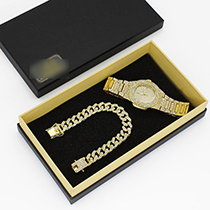 Fashion Gold Watch+gold Bracelet+gift Box Stainless Steel Diamond Round Dial Mens Watch + Bracelet