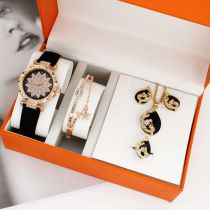 Fashion Black Watch + Bracelet + Black Diamond Necklace + Earrings + Ring + Box Stainless Steel Diamond Round Dial Watch + Bracelet + Earrings Necklace And Ring Set