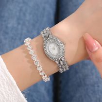 Fashion Silver Watch + Silver Bracelet Stainless Steel Diamond Oval Dial Watch + Bracelet Set