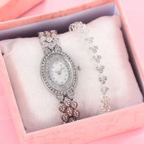 Fashion Silver Watch+silver Bracelet+box Stainless Steel Diamond Oval Dial Watch + Bracelet Set